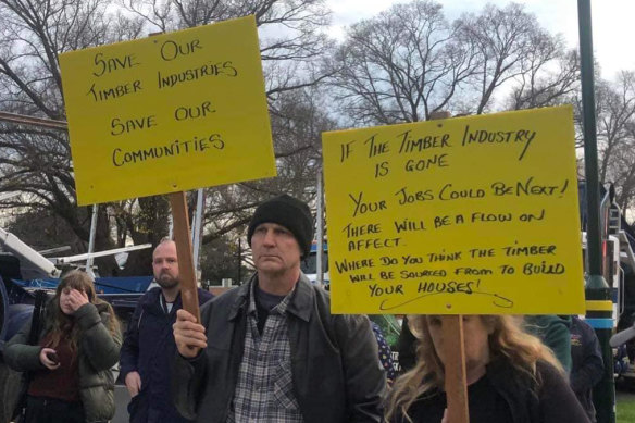 A timber industry rally in July outside Latrobe City Council’s meeting, which was heard online.