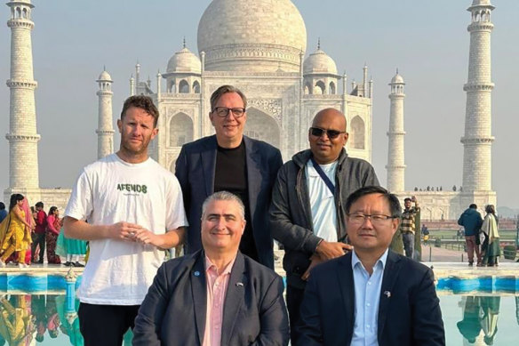 Victorian MPs visiting the Taj Mahal. Front: Lee Tarlamis (left) and Meng Heang Tak (right). Rear: Dylan Wight (left) and Matt Fregon (centre).