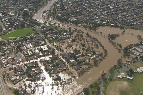NEWS October 14, 2022. An aerial view of the Maribyrnong flood waters beginning to slowly recede. Credit: Nine News