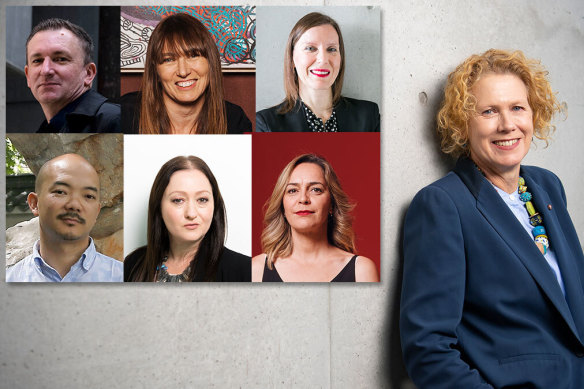 Next in line to replace Liz Ann Macgregor (far right) at the MCA? Clockwise from top left: Blair French, Maud Page, Rachel Kent, Clothilde Bullen, Alexie Glass-Kantor and Aaron Seeto.