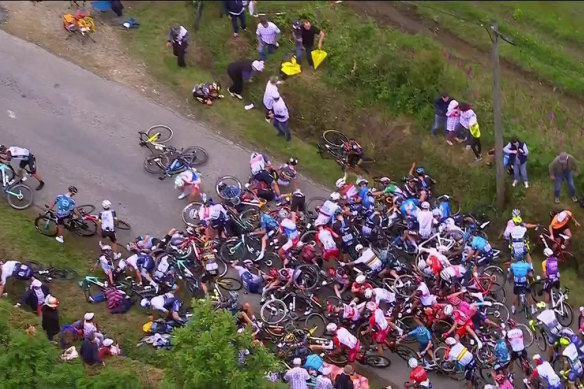 An aerial view of the crash caused by a person with a sign on the first day of the Tour de France.