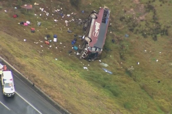 The bus crashed down a steep embankment on the Western Highway.