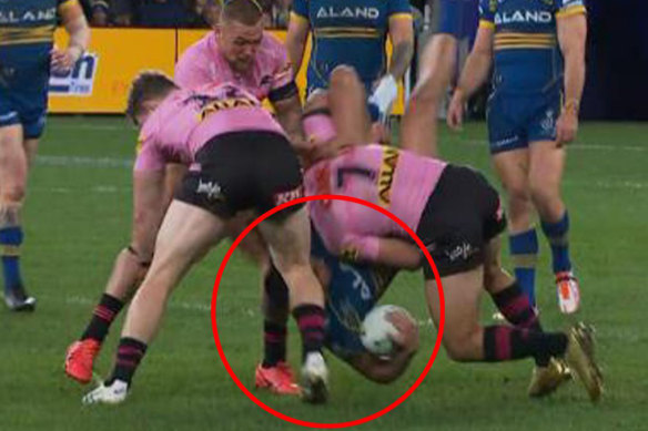 Nathan Cleary’s horror tackle on Dylan Brown.