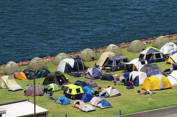 Campers in their tents at Cockatoo Island in the heart of Sydney Harbour on Saturday afternoon. Photo: Nine News