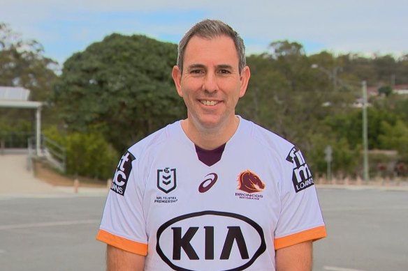 Treasurer Jim Chalmers in his Broncos jersey last year.
