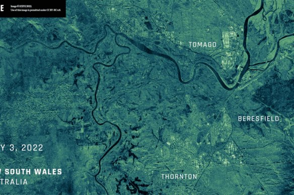 The Hunter River flood as shown by ICEYE satellite imagery. 