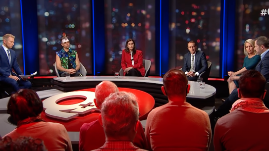 The Q+A panel, which included (l-r) host Hamish Macdonald; singer and dancer Mitch Tambo; Palestinian advocate Randa Abdel-Fattah; Liberal MP and former ambassador to Israel Dave Sharma; Jennifer Robinson, a lawyer who has represented the Palestinians at the International Criminal Court; and Labor MP Ed Husic. 