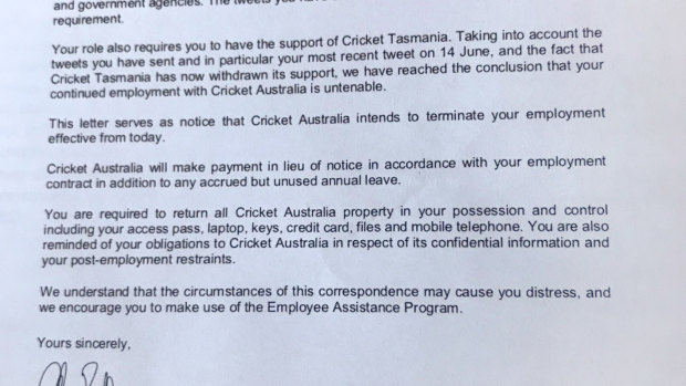 Terminated: Cricket Australia's letter to Angela Williamson.