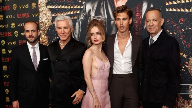 Producer Schuyler Weiss, Baz Luhrmann, Olivia DeJonge, Austin Butler and Tom Hanks at the Sydney premiere of Elvis at the State Theatre on Sunday night. 