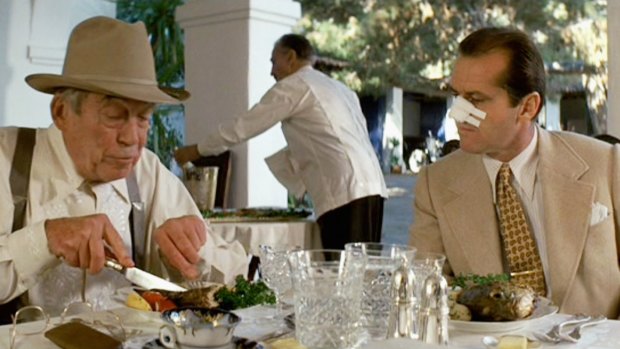 John Huston (left) as Noah Cross and Jack Nicholson in Chinatown.