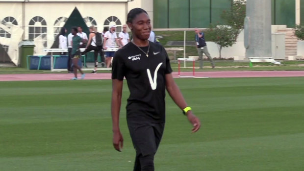 Caster Semenya smiles during a training session in Doha ahead of the Diamond League.
