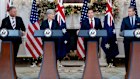 Defence Minister Richard Marles, Foreign Minister Penny Wong, US Secretary of State Marco Rubio and US War Secretary Pete Hegseth speak to reporters after their meeting.