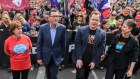 Premier Daniel Andrews leads a march in October with union leaders Lisa Fitzpatrick, Luke Hilakari and the ACTU's Sally McManus.