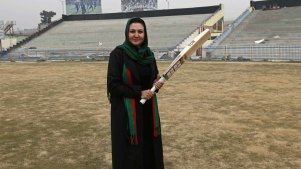 The founder of the Afghanistan women’s team, Diana Barakzai, at the Kabul Cricket Stadium in 2014.