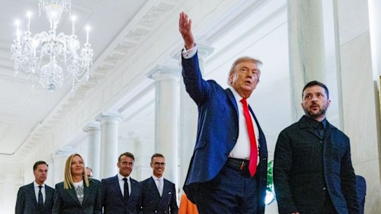 US President Donald Trump and Ukraine President Volodymyr Zelensky with European leaders at the White House on Monday.