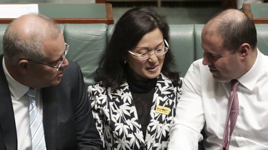 Gladys Liu with Treasurer Josh Frydenberg and Prime Minister Scott Morrison.