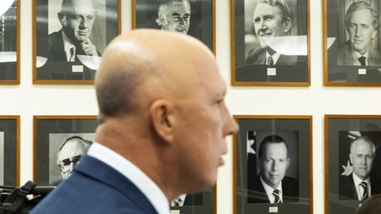 Portraits of former leaders on the wall as Liberal party leader Peter Dutton speaks during a press conference at Parliament House in Canberra on Monday 30 May 2022. fedpol Photo: Alex Ellinghausen