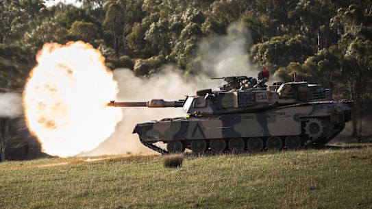 An Australian Army Abrams tank during an exercise at Puckapunyal in Victoria in 2018.