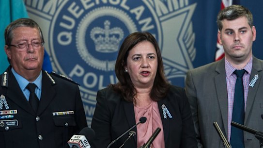 BRISBANE, AUSTRALIA - MAY 30: Qld Premier Annastacia Palaszczuk, Qld Minister for Police Mark Ryan, Qld Police Commissioner Ian Stewart and Qld Deputy Police Commissioner Steve Gollschewski speaking to media about the shooting of Ricky Maddison. May 30, 2017 in Brisbane, Australia. (Photo by Glenn Hunt/Fairfax Media)