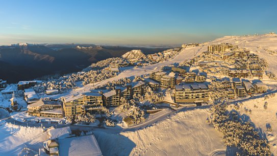 An aerial view of Mount Buller covered in snow. 