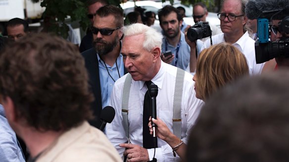 Roger Stone walks off stage on the first day of the Republican National Convention in Cleveland in July 2016, as WikiLeaks began dumping the Democrats' emails.