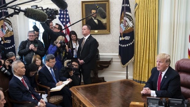 US President Donald Trump, right, and Chinese Vice-Premier Liu He, centre left, during trade talks in January.