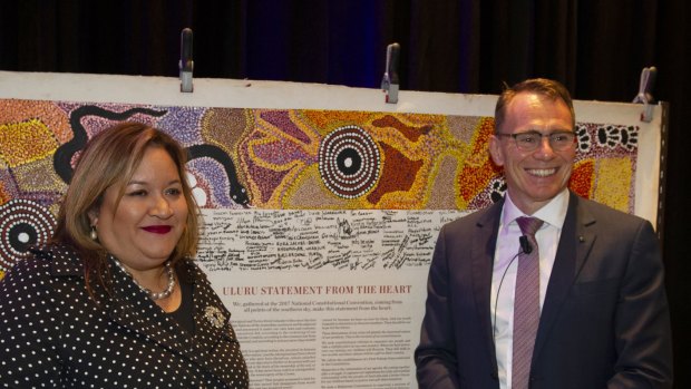 Professor Megan Davis and BHP CEO Andrew Mackenzie with the  Uluru Statement from the Heart at the CEDA conference in Perth on Thursday. 