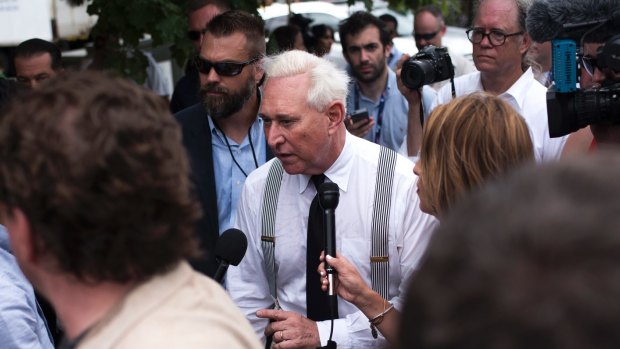 Roger Stone walks off stage on the first day of the Republican National Convention in Cleveland in July 2016, as WikiLeaks began dumping the Democrats' emails.