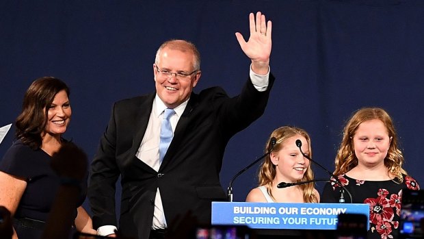 Scott Morrison with wife Jenny and children Lily and Abbey as he claimed victory.
