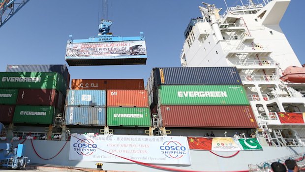 A Chinese container ship docks at the port of Gwadar.