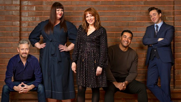 The cast of new Melbourne comedy Spreadsheet (from left) Stephen Curry, Katrina Milosevic, Katherine Parkinson, Robbie Magasiva and Rowan Witt.



