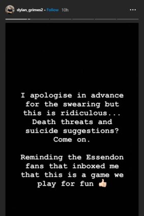 Dylan Grimes shared this message on his Instagram stories.