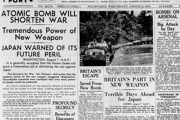 The Age’s front page, August 8, 1945.