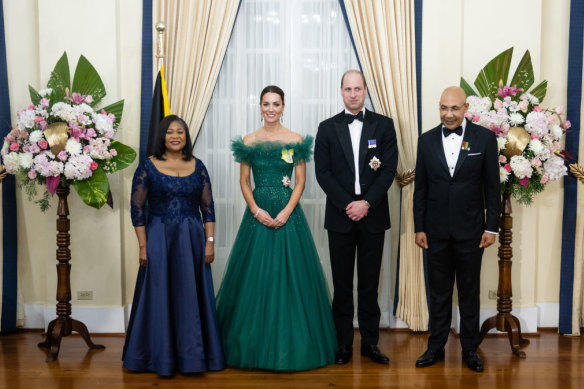 The Duke and Duchess of Cambridge alongside Governor General of Jamaica Sir Patrick Allen and wife Patricia Allen at King’s House on March 23, 2022.