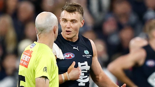 Carlton captain Patrick Cripps has a word with the umpire on Saturday afternoon.