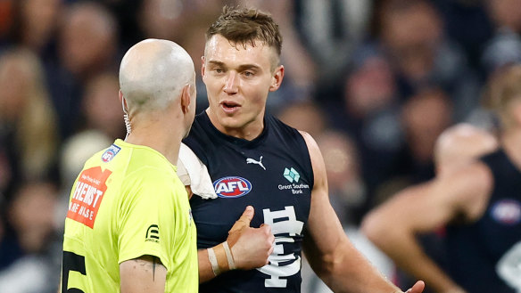 Carlton captain Patrick Cripps has a word with the umpire on Saturday afternoon.