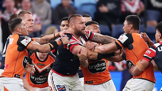 Jared Waerea-Hargreaves and Stefan Utoikamanu scuffle following a high shot on Api Koroisau, which cost the Kiwi enforcer another lengthy ban.