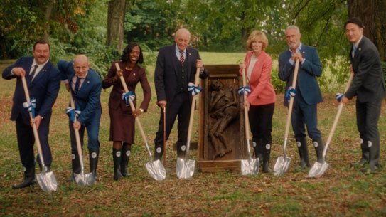 Shovels at the ready, the leaders, including Cate Blanchet as German Chancellor Hilda Ortmann, prepare to unleash some Neanderthal revenge.