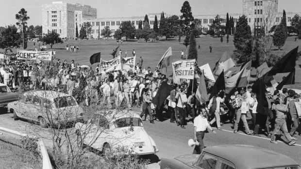 Students and staff marching off campus for the 1970 Moratorium. Censorship protest at the Union Building in 1969. Students, staff and the public unite to protest UQ awarding Bjelke Petersen an honourary doctorate in 1985.