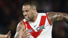 MELBOURNE, AUSTRALIA - JULY 29: Lance Franklin of the Swans kicks the ball during the round 20 AFL match between Essendon Bombers and Sydney Swans at Marvel Stadium, on July 29, 2023, in Melbourne, Australia. 