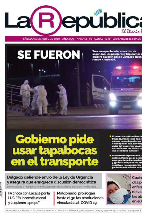 The ship's predicament was front-page story in Uruguayan newspaper La Republica.