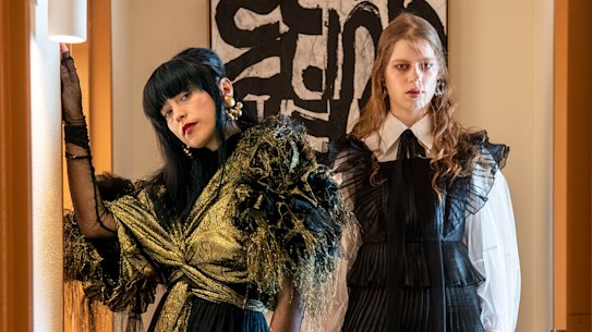 Fashion designer Gail Sorronda with Liana Lottie in an outfit from her In Dreams collection for Australian Fashion Week, photographed at Oxford House.