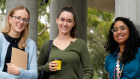 Students Olivia Adam, Caeli Yole, and Thimuthu Dassanayake at Monash University’s Clayton Campus.