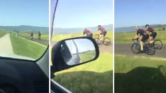 The man filmed himself driving along a shared cycleway and footpath to avoid cyclists, who were riding side-by-side on the road.