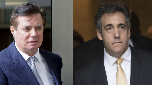 In these 2018 file photos, Paul Manafort leaves federal court in Washington, left and attorney Michael Cohen leaves federal court in New York.