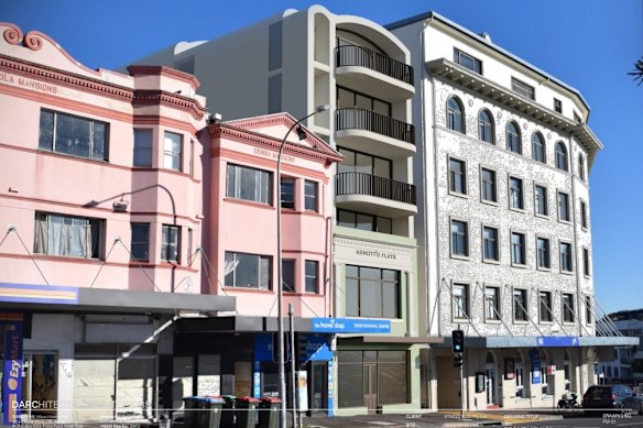 An artist’s image of the proposed development at 32 Campbell Parade, which would have blocked south-facing windows at the Astra building (right).
