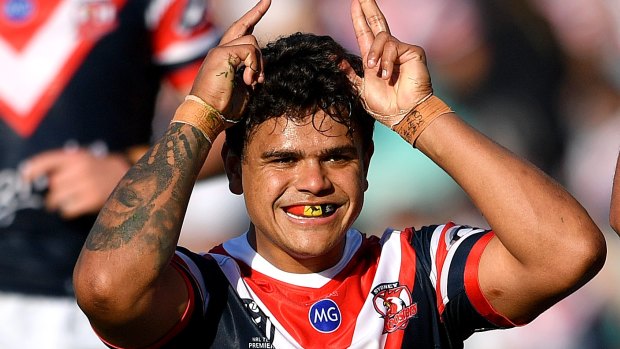 Latrell Mitchell after scoring against the Warriors.