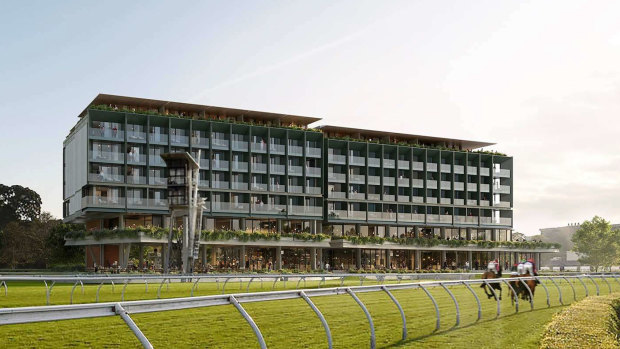 An artist’s impression of the seven-storey hotel planned for Royal Randwick Racecourse.