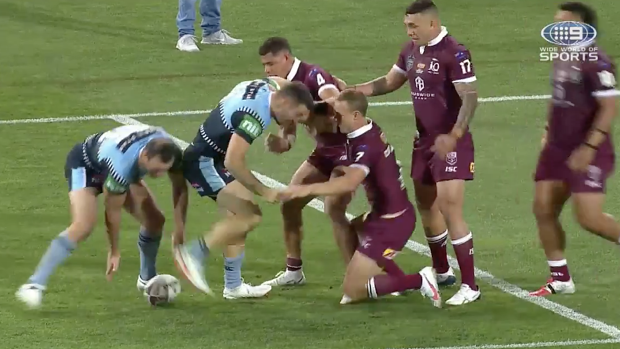 This is the moment referee Gerard Sutton blew full time. James Tedesco's play-the-ball had already cleared the ruck when the whistle sounded.