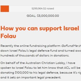 'Fight for religious freedom': Donations pour in for Israel Folau on the ACL site.